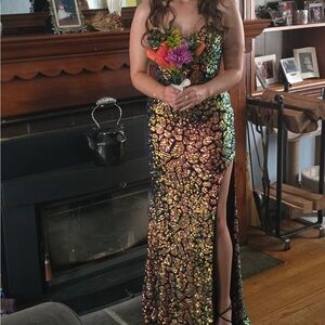 Jovani Iridescent Sequin Mermaid Gown in Black and Gold